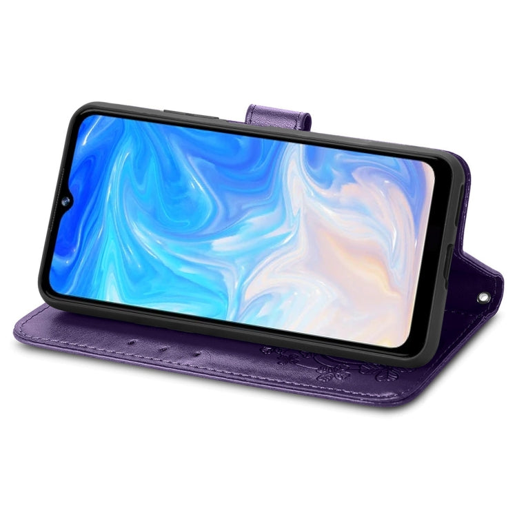 For DOOGEE N40 Pro Four-leaf Clasp Embossed Leather Case with Lanyard & Card Slot & Wallet & Holder(Purple)