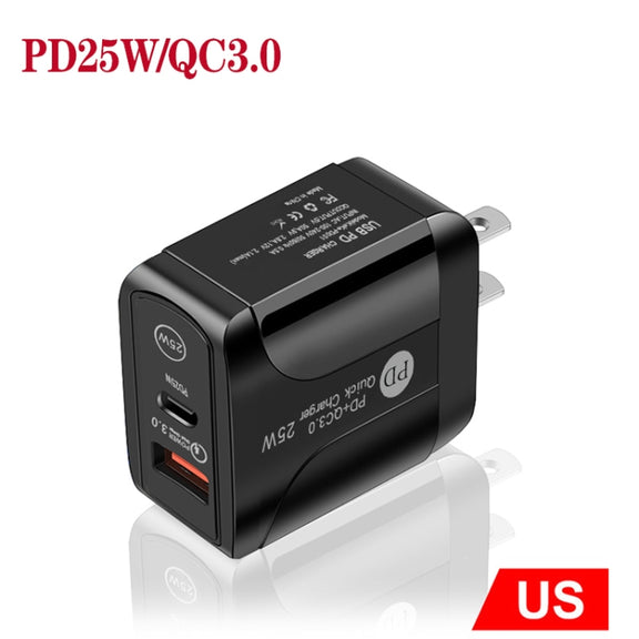 PD25W USB-C / Type-C + QC3.0 USB Dual Ports Fast Charger, US Plug(Black)
