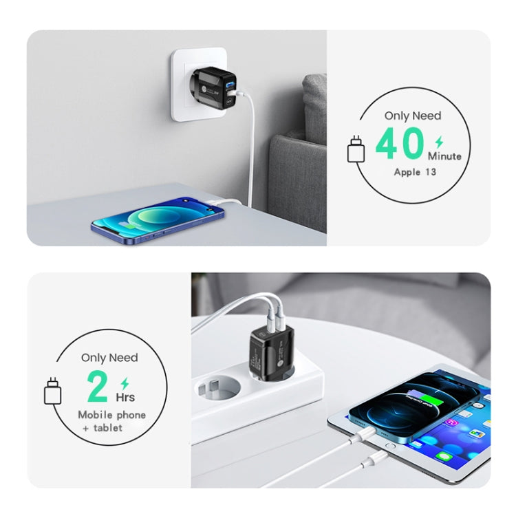 PD25W USB-C / Type-C + QC3.0 USB Dual Ports Fast Charger, UK Plug(Black)