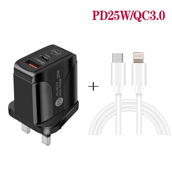 PD25W USB-C / Type-C + QC3.0 USB Dual Ports Fast Charger with USB-C to 8 Pin Data Cable, UK Plug(White)