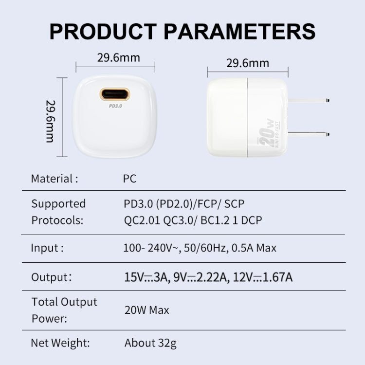 ENKAY APQ-011 Mini PD 20W USB-C / Type-C Port Fast Charger, US Plug(Blue)