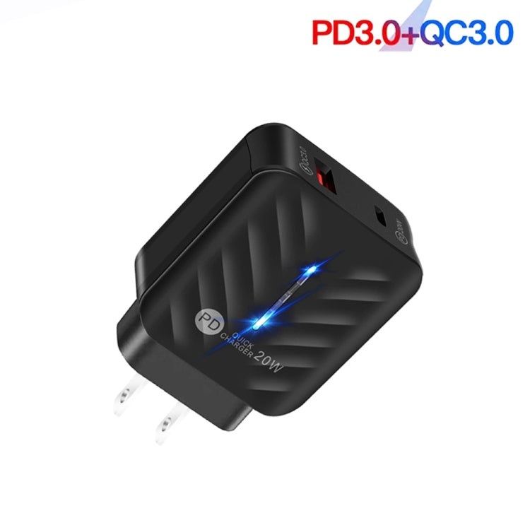 PD03 20W Type-C + QC3.0 USB Charger with Indicator Light, US Plug(Black)