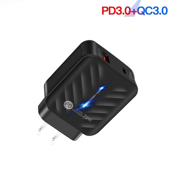 PD03 20W Type-C + QC3.0 USB Charger with Indicator Light, US Plug(Black)