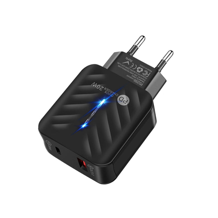 PD03 20W Type-C + QC3.0 USB Charger with Indicator Light, EU Plug(Black)