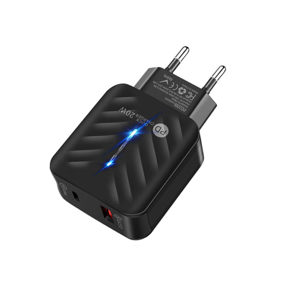 PD03 20W Type-C + QC3.0 USB Charger with Indicator Light, EU Plug(Black)