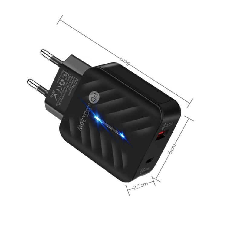 PD03 20W Type-C + QC3.0 USB Charger with Indicator Light, EU Plug(Black)