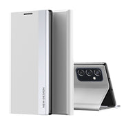 For Samsung Galaxy A73 5G Side Electroplated Magnetic Flip Leather Case with Holder(Silver)