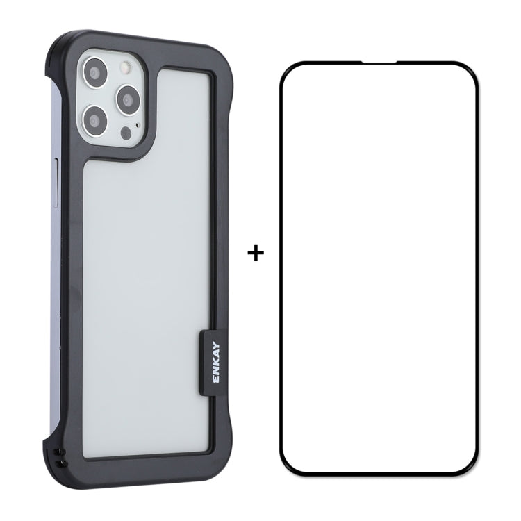 For iPhone 12 Pro Max ENKAY Frameless Hollow PC Case + Glass Film(Black)