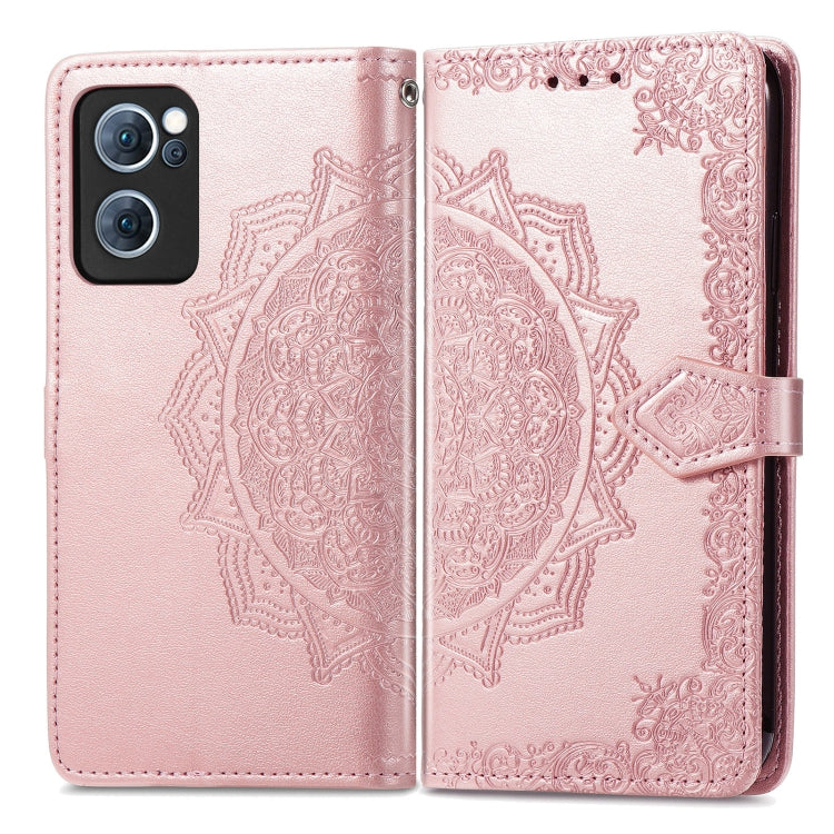 For OPPO Reno7 5G Mandala Flower Embossed Flip Leather Phone Case(Rose Gold)