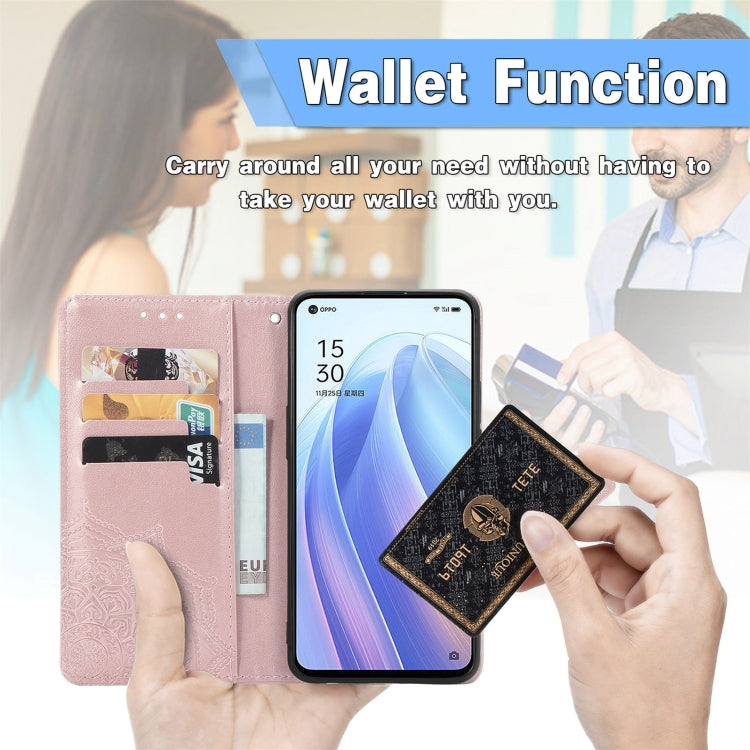 For OPPO Reno7 5G Mandala Flower Embossed Flip Leather Phone Case(Rose Gold)
