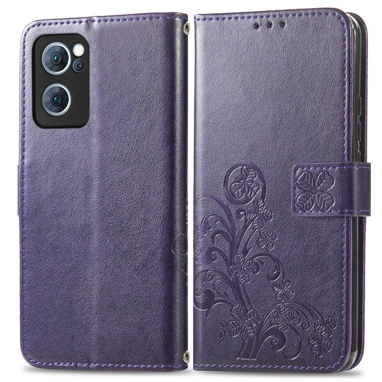 For OPPO Reno7 5G Four-leaf Clasp Embossed Buckle Leather Phone Case(Purple)