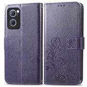 For OPPO Reno7 5G Four-leaf Clasp Embossed Buckle Leather Phone Case(Purple)