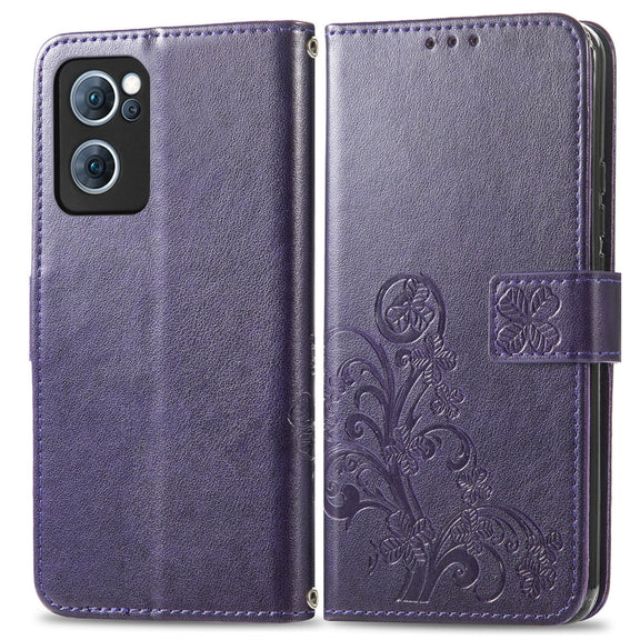 For OPPO Reno7 5G Four-leaf Clasp Embossed Buckle Leather Phone Case(Purple)
