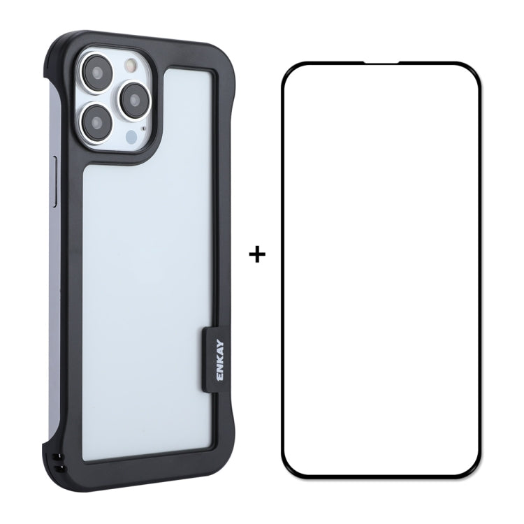For iPhone 13 Pro Max ENKAY Frameless Hollow PC Case + Glass Film (Black)