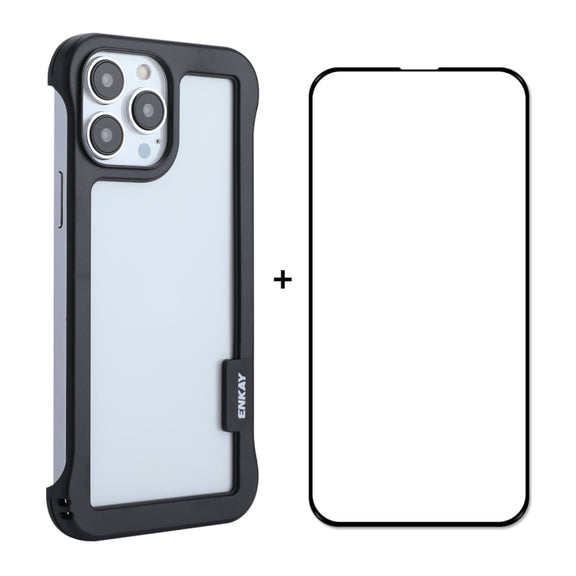 For iPhone 13 Pro Max ENKAY Frameless Hollow PC Case + Glass Film (Black)