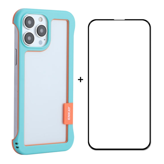 For iPhone 13 Pro Max ENKAY Frameless Hollow PC Case + Glass Film (Blue)