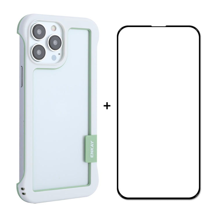 For iPhone 13 Pro ENKAY Frameless Hollow PC Case + Glass Film (White)