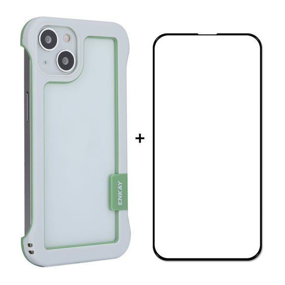 For iPhone 13 ENKAY Frameless Hollow PC Case + Glass Film(White)