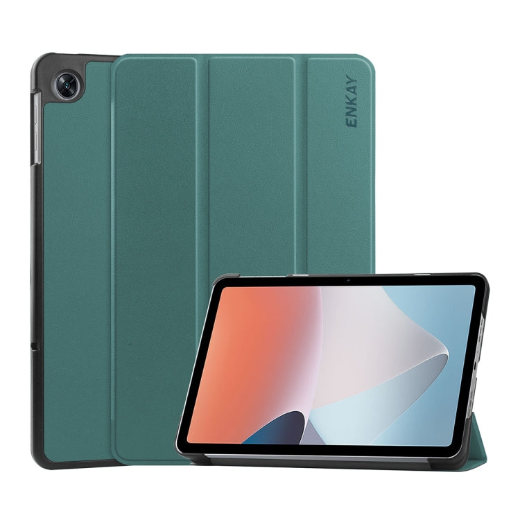 For OPPO Pad Air ENKAY Tri-fold Custer Texture Leather Smart Tablet Case(Dark Green)