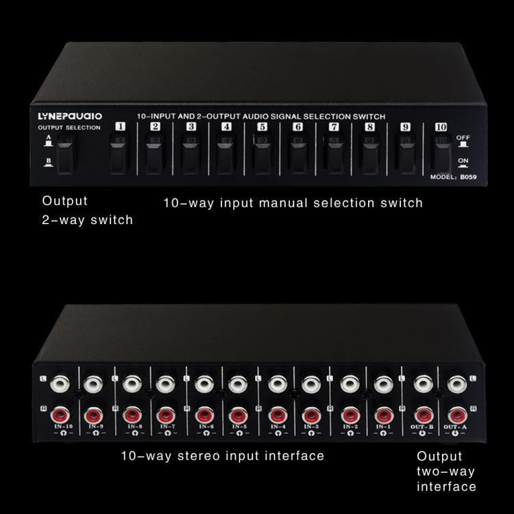 B059 10 In 2 Out / 2 In 10 Out 2-Way RCA Switch Audio Frequency Signal Select Shift Device Loudspeaker Box