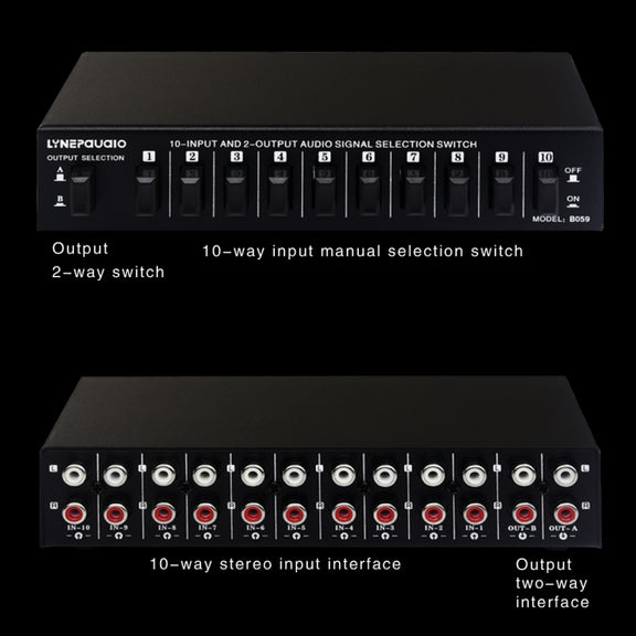 B059 10 In 2 Out / 2 In 10 Out 2-Way RCA Switch Audio Frequency Signal Select Shift Device Loudspeaker Box