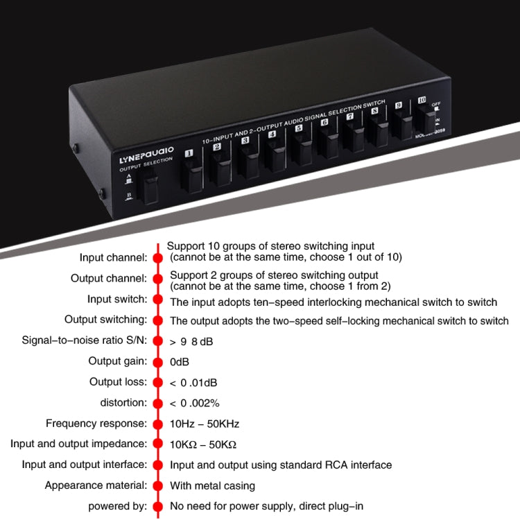B059 10 In 2 Out / 2 In 10 Out 2-Way RCA Switch Audio Frequency Signal Select Shift Device Loudspeaker Box