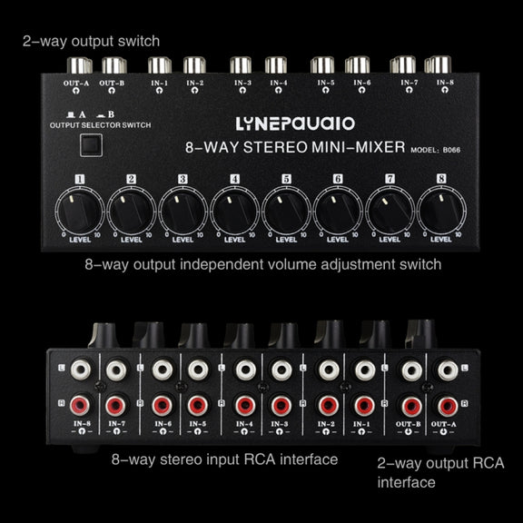 B066 Mini Stereo 8 Channel RCA Non Source Sound Passive Mixer, No Power Supply