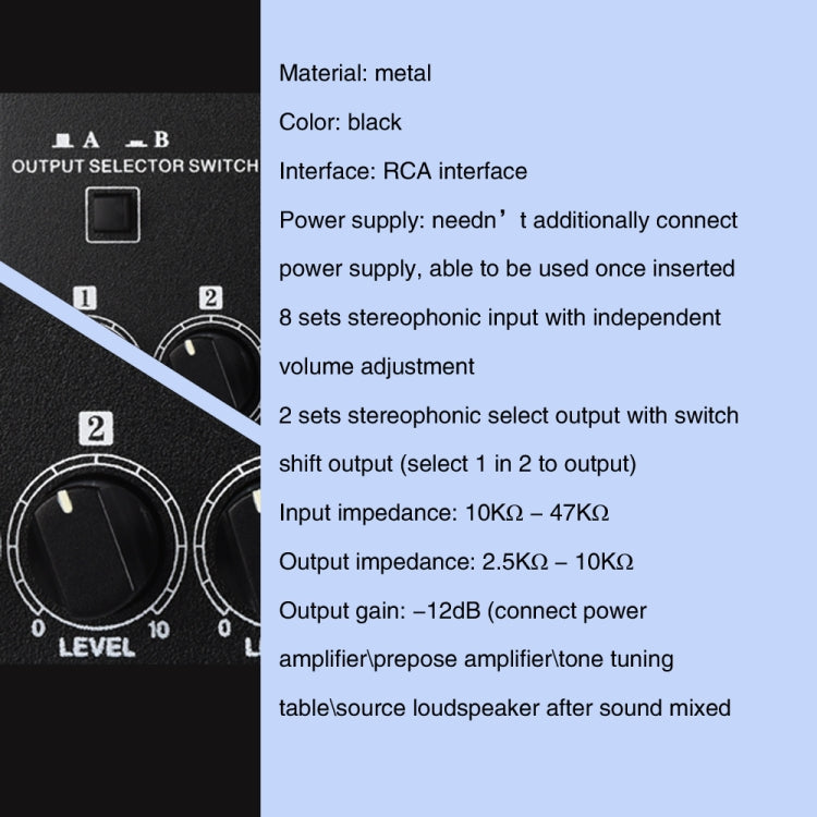 B066 Mini Stereo 8 Channel RCA Non Source Sound Passive Mixer, No Power Supply