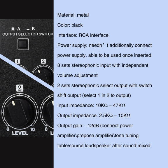 B066 Mini Stereo 8 Channel RCA Non Source Sound Passive Mixer, No Power Supply