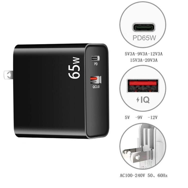 PD-65W USB-C / Type-C + QC3. 0 USB Laptop Charging Adapter, US Plug(Black)
