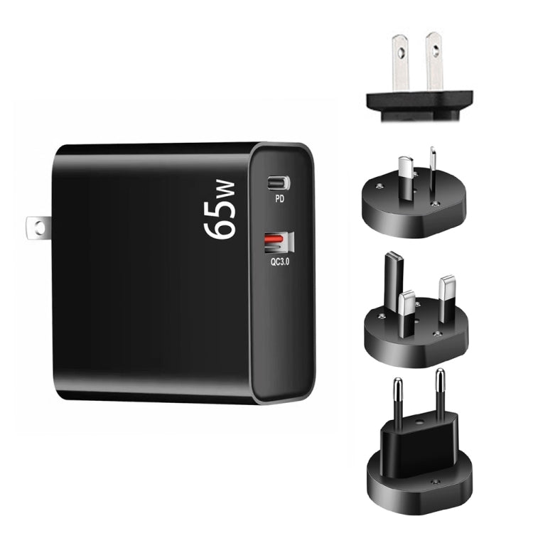 PD-65W USB-C / Type-C + QC3. 0 USB Laptop Charging Adapter, AU Plug / US Plug / EU Plug / UK Plug(Black)