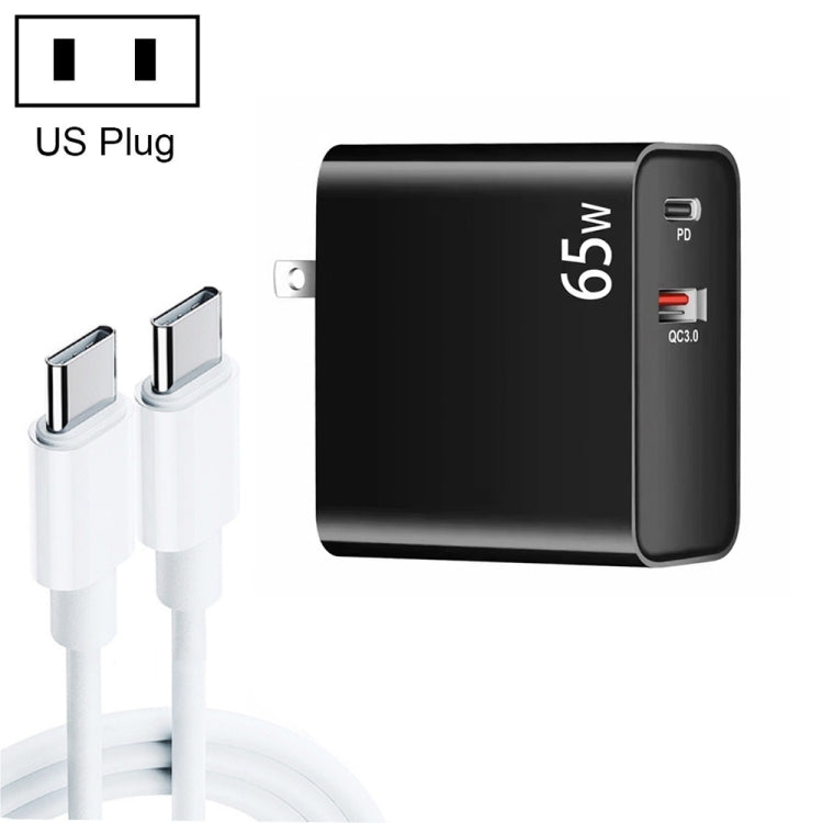 PD-65W USB-C / Type-C + QC3. 0 USB Laptop Charging Adapter + 2m USB-C / Type-C to USB-C / Type-C Data Cable Set, US Plug(Black)