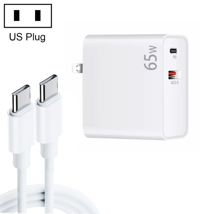 PD-65W USB-C / Type-C + QC3. 0 USB Laptop Charging Adapter + 2m USB-C / Type-C to USB-C / Type-C Data Cable Set, US Plug(White)