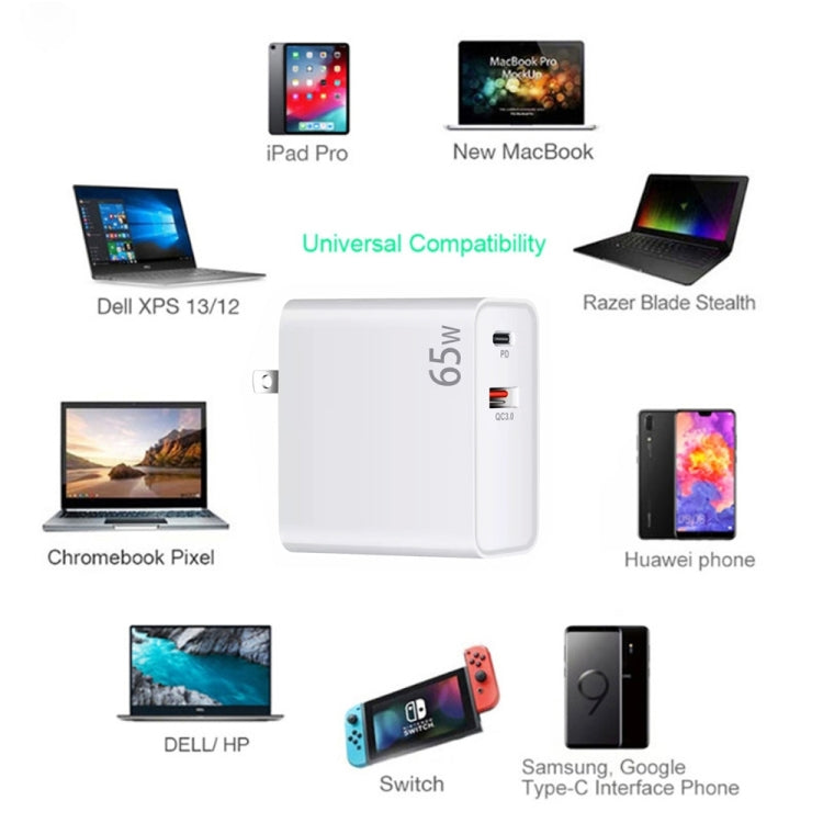 PD-65W USB-C / Type-C + QC3. 0 USB Laptop Charging Adapter + 2m USB-C / Type-C to USB-C / Type-C Data Cable Set, US Plug(White)