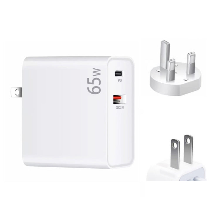 PD-65W USB-C / Type-C + QC3. 0 USB Laptop Charging Adapter + 2m USB-C / Type-C to USB-C / Type-C Data Cable Set, UK Plug / US Plug(White)