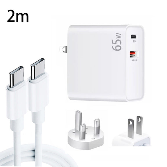 PD-65W USB-C / Type-C + QC3. 0 USB Laptop Charging Adapter + 2m USB-C / Type-C to USB-C / Type-C Data Cable Set, UK Plug / US Plug(White)