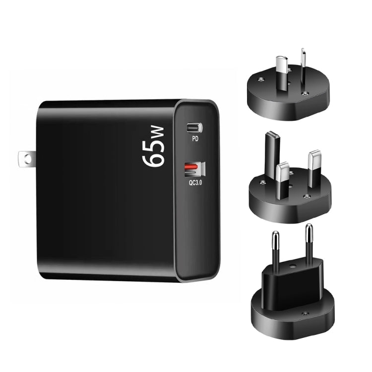 PD-65W USB-C / Type-C + QC3. 0 USB Laptop Charging Adapter + 2m USB-C / Type-C to USB-C / Type-C Data Cable Set, EU Plug / AU Plug / US Plug / UK Plug(Black)