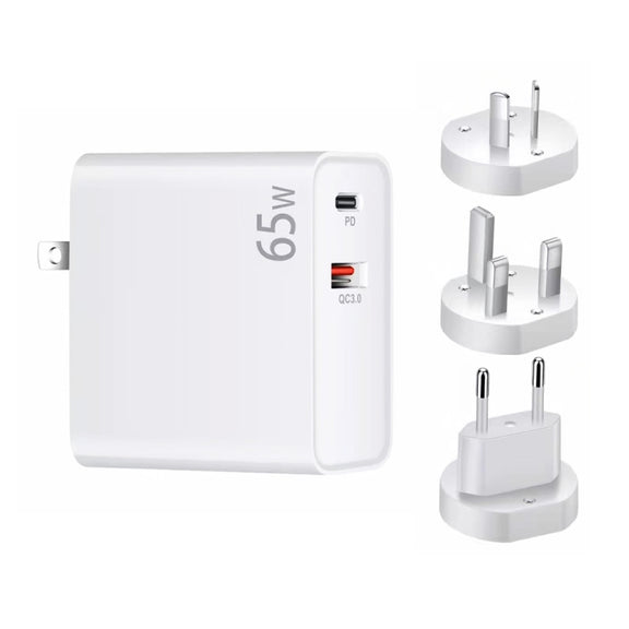PD-65W USB-C / Type-C + QC3. 0 USB Laptop Charging Adapter + 2m USB-C / Type-C to USB-C / Type-C Data Cable Set, EU Plug / AU Plug / US Plug / UK Plug(White)