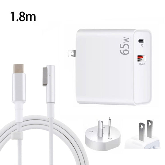 PD-65W USB-C / Type-C + QC3. 0 USB Laptop Charging Adapter + 1.8m USB-C / Type-C to MagSafe 1 / L Head Data Cable, AU Plug / US Plug(White)