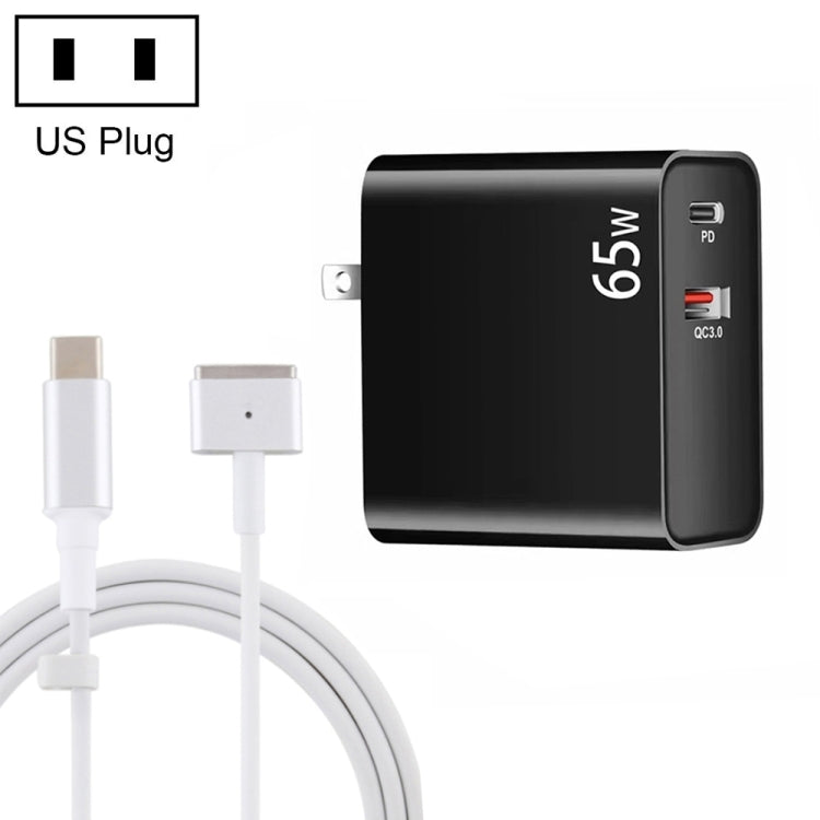 PD-65W USB-C / Type-C + QC3. 0 USB Laptop Charging Adapter + 1.8m USB-C / Type-C to MagSafe 2 / T Head Data Cable, US Plug(Black)