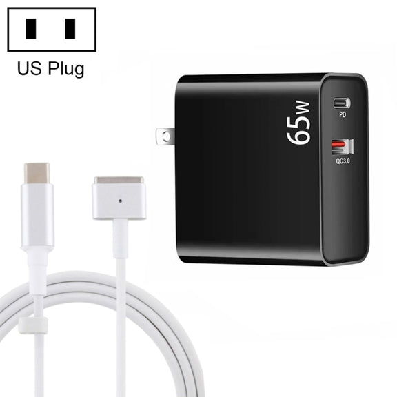 PD-65W USB-C / Type-C + QC3. 0 USB Laptop Charging Adapter + 1.8m USB-C / Type-C to MagSafe 2 / T Head Data Cable, US Plug(Black)