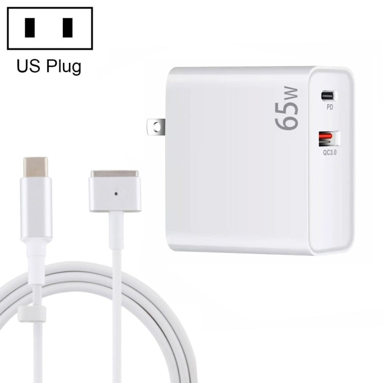 PD-65W USB-C / Type-C + QC3. 0 USB Laptop Charging Adapter + 1.8m USB-C / Type-C to MagSafe 2 / T Head Data Cable, US Plug(White)