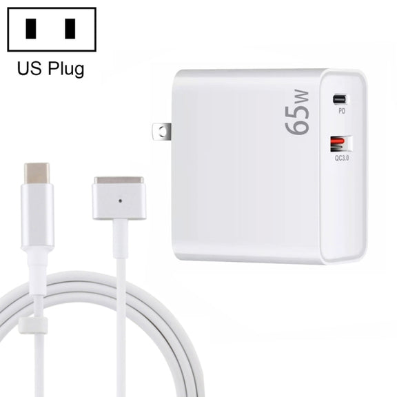 PD-65W USB-C / Type-C + QC3. 0 USB Laptop Charging Adapter + 1.8m USB-C / Type-C to MagSafe 2 / T Head Data Cable, US Plug(White)