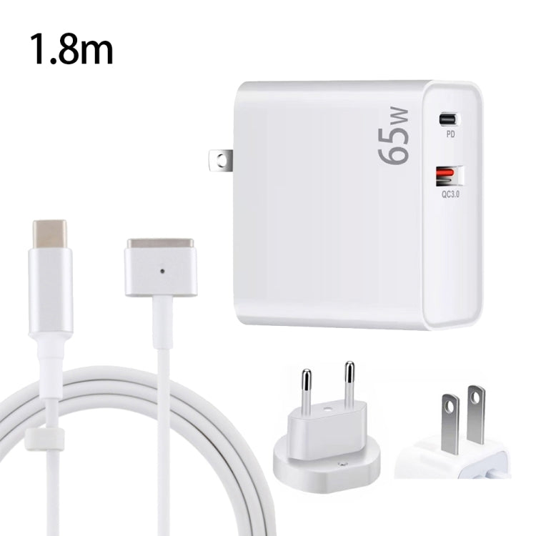 PD-65W USB-C / Type-C + QC3. 0 USB Laptop Charging Adapter + 1.8m USB-C / Type-C to MagSafe 2 / T Head Data Cable, EU Plug / US Plug(White)