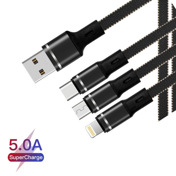 XJ-76 40W 5A 3 in 1 USB to 8 Pin + Type-C + Micro USB Super Flash Charging Cable, Length: 1.18m(Black)