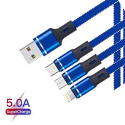 XJ-76 40W 5A 3 in 1 USB to 8 Pin + Type-C + Micro USB Super Flash Charging Cable, Length: 1.18m(Blue)