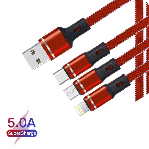 XJ-76 40W 5A 3 in 1 USB to 8 Pin + Type-C + Micro USB Super Flash Charging Cable, Length: 1.18m(Red)