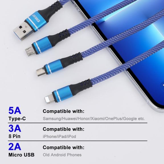ENKAY ENK-CB121 1.5m 3 in 1 USB 3.0 to Type-C / 8 Pin / Micro USB 5A Fast Charging Cable(Blue)