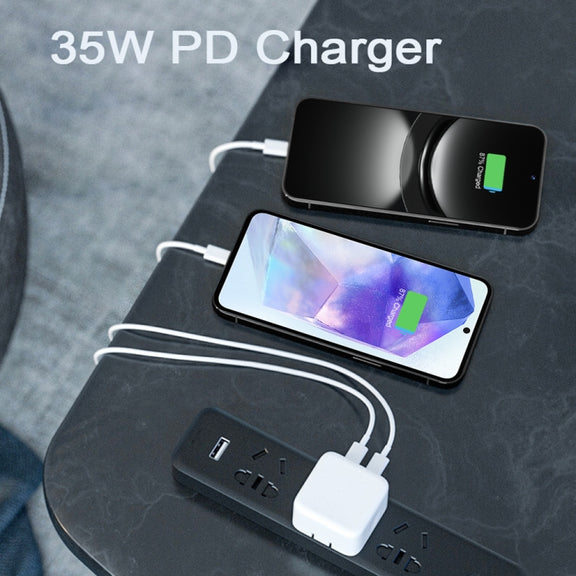 PD 35W Dual USB-C / Type-C Ports Charger with 2m Type-C to Type-C Data Cable, UK Plug