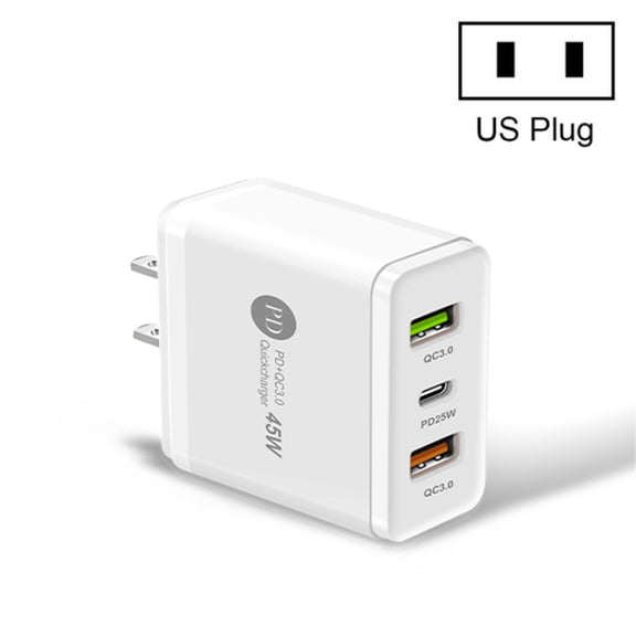 45W PD3.0 + 2 x QC3.0 USB Multi Port Quick Charger, US Plug(White)